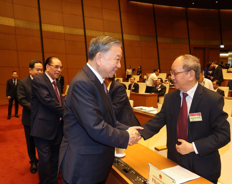 越共中央总书记、国家主席苏林，党和国家领导、前领导出席越南第十五届国会第八次会议。（图片来源：越通社）