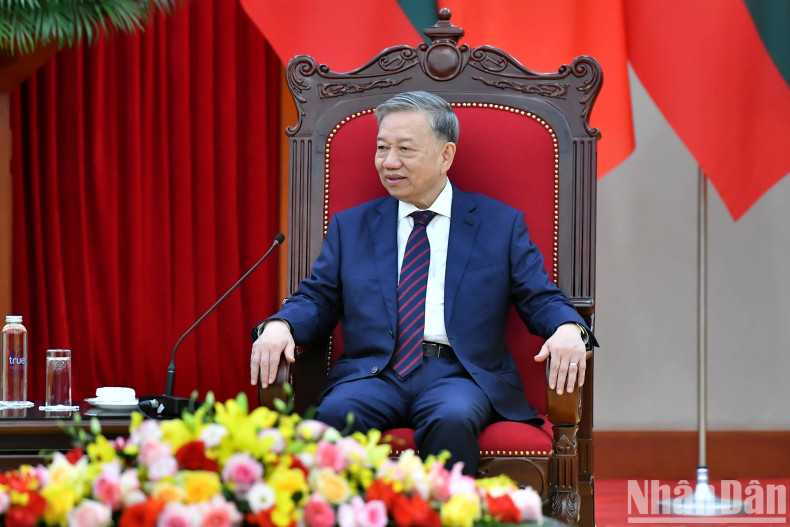 越共中央总书记苏林会见保加利亚总统鲁门·拉德夫时发表讲话。