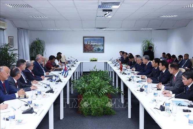 越共中央总书记、国家主席苏林会见古巴总理曼努埃尔·克鲁斯。（图片来源：越通社）