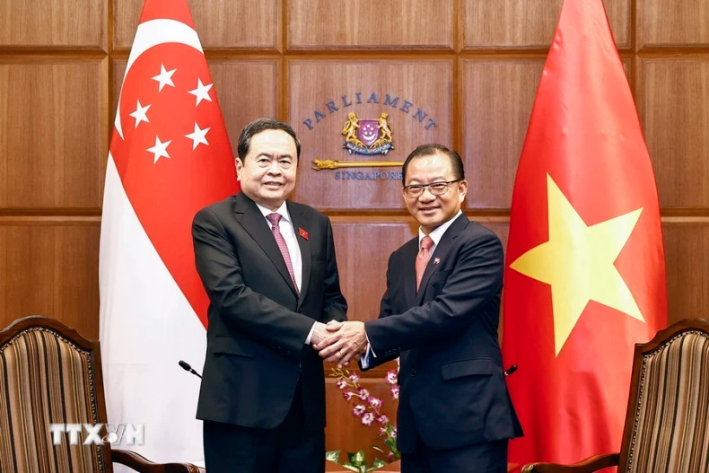 越南国会主席陈青敏和新加坡国会议长谢健平合影。