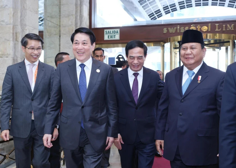 越南国家主席梁强会见印度尼西亚总统拉博沃·苏比安托。（图片来源：越通社）