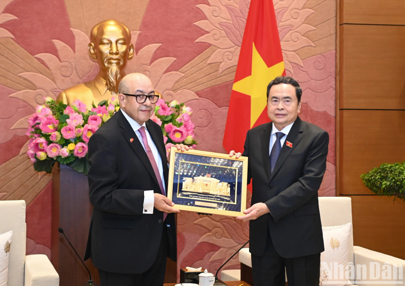 越南国会主席陈青敏向摩洛哥众议院秘书长纳吉布·哈迪送纪念品。 越南国会主席陈青敏向摩洛哥众议院秘书长纳吉布·哈迪送纪念品。