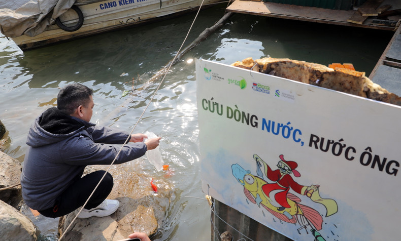 人们放生鲤鱼送灶神上天。 人们放生鲤鱼送灶神上天。