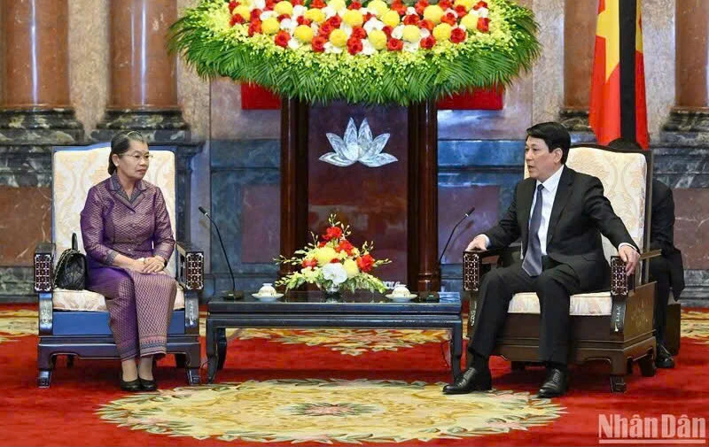 越南国家主席梁强会见柬埔寨人民党副主席梅森安。（图片来源：越通社）