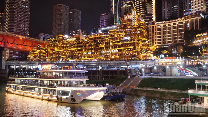 游客乘坐游船欣赏重庆夜景。（胡军摄）