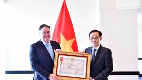 越南外交部长黎怀忠向美国驻越南大使马克·纳珀颁授友谊勋章。（图片来源：越南外交部）
