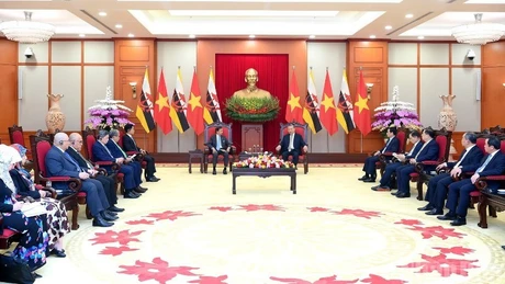 越共中央总书记苏林会见文莱苏丹哈桑纳尔。（登科 摄）