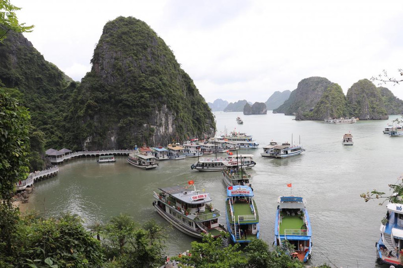 下龙湾上的旅游船。