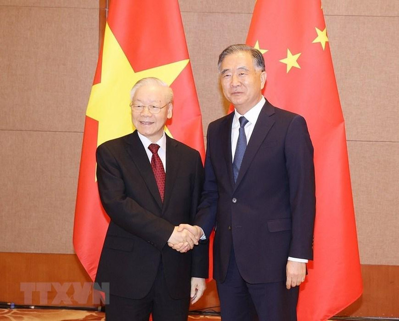 越共中央总书记阮富仲会见中国全国政协主席汪洋。（图片来源：越通社）