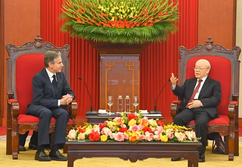 越共中央总书记阮富仲在会见美国国务卿安东尼·布林肯时发表讲话。