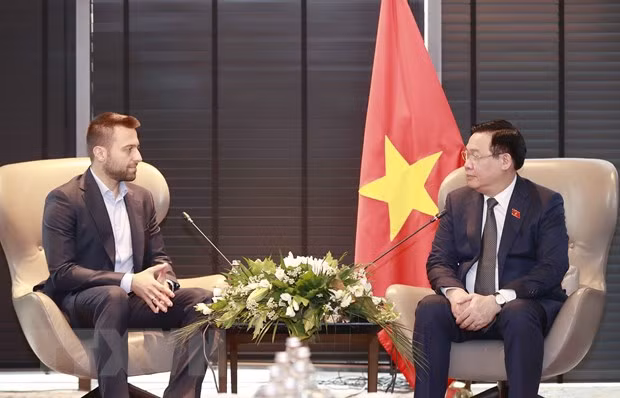 越南国会主席王廷惠会见保加利亚最大制药企业SoPharma集团并购总监迪米塔尔·奈德诺夫。（图片来源：越通社）