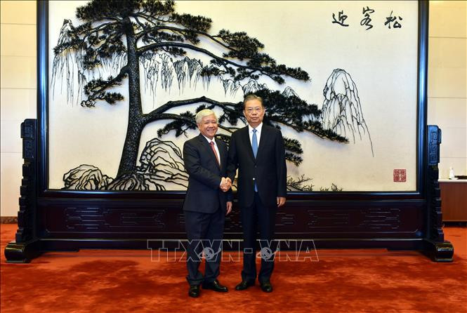 越南祖国阵线中央委员会主席杜文战和中国全国人大常委会委员长赵乐际。