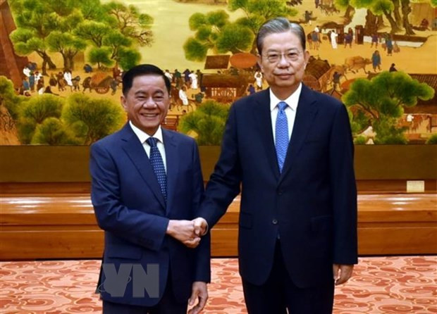 中国全国人大常委会委员长赵乐际会见越共中央政治局委员、中央书记处书记、中央检查委员会主任陈锦秀。（图片来源：越通社）