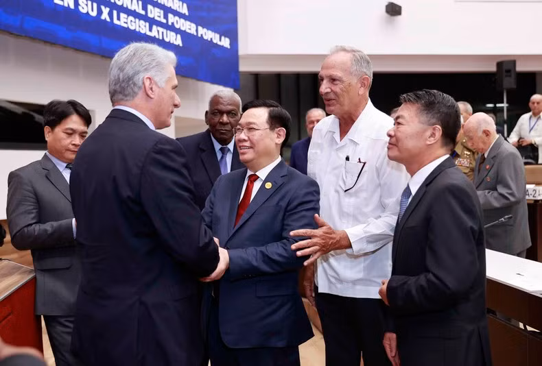 古巴共产党中央委员会第一书记、古巴共和国国家主席米格尔·迪亚斯·卡内尔·贝穆德斯和越南国会主席王廷惠。