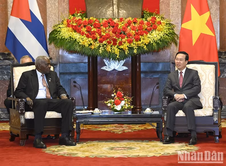 越南国家主席武文赏会见古巴全国人民政权代表大会主席埃斯特万•拉索•埃尔南德斯。（维玲 摄）