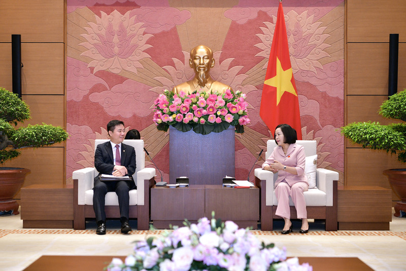 越韩友好议员小组主席阮氏清会见韩国国会环境劳动委员会委员池成镐。