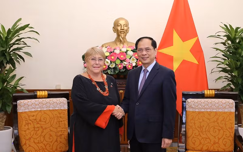 越南外交部长裴青山会见智利前总统米歇尔·巴切莱特。