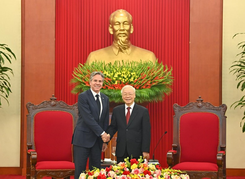 越共中央总书记阮富仲会见美国国务卿安东尼·布林肯。（维玲 摄）