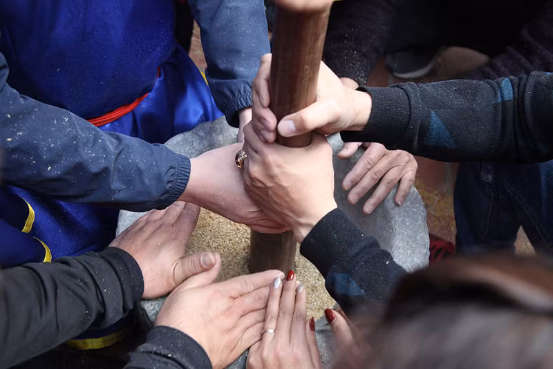 收到稻谷后，年轻力壮的尽快舂米，不能让大米碎裂，之后，还要筛米和淘米。