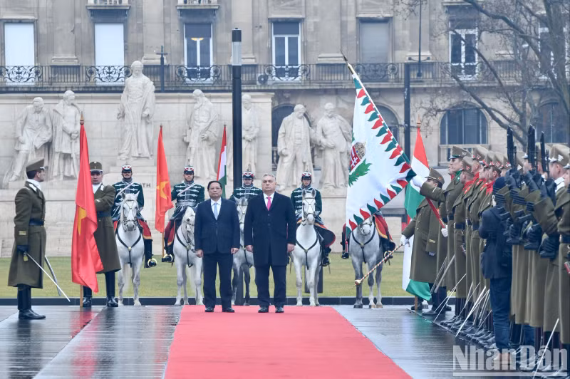 匈牙利总理欧尔班·维克托主持仪式欢迎越南政府总理范明正访匈。