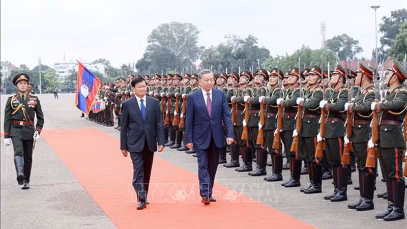 越南国家主席苏林与老挝人民革命党中央总书记、老挝国家主席通伦·西苏里检阅仪仗队。（图片来源：越通社）