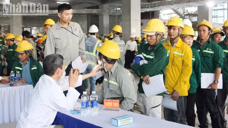 医疗队伍为工人们提供健康体验和咨询服务。