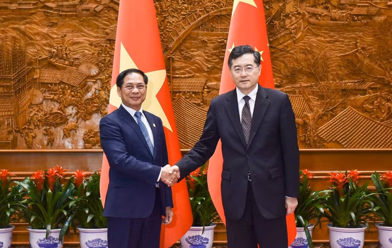 越南外交部长裴青山会见中国国务委员兼外交部长秦刚。（图片来源：VOV）