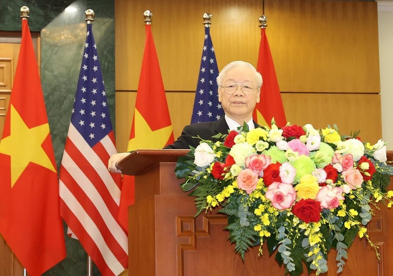 越共中央总书记阮富仲在联合记者会上发表讲话。（图片来源：越通社）