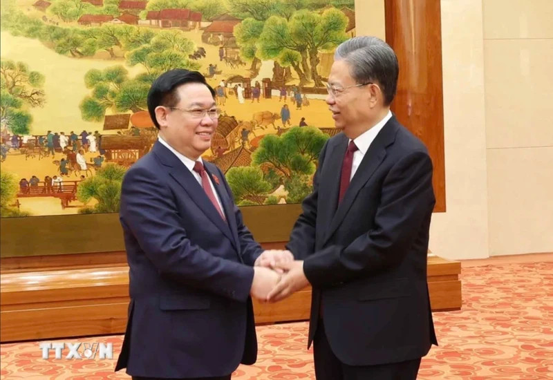 越南国会主席王廷惠和中国全国人大常委会委员长赵乐际。（图片来源：越通社）