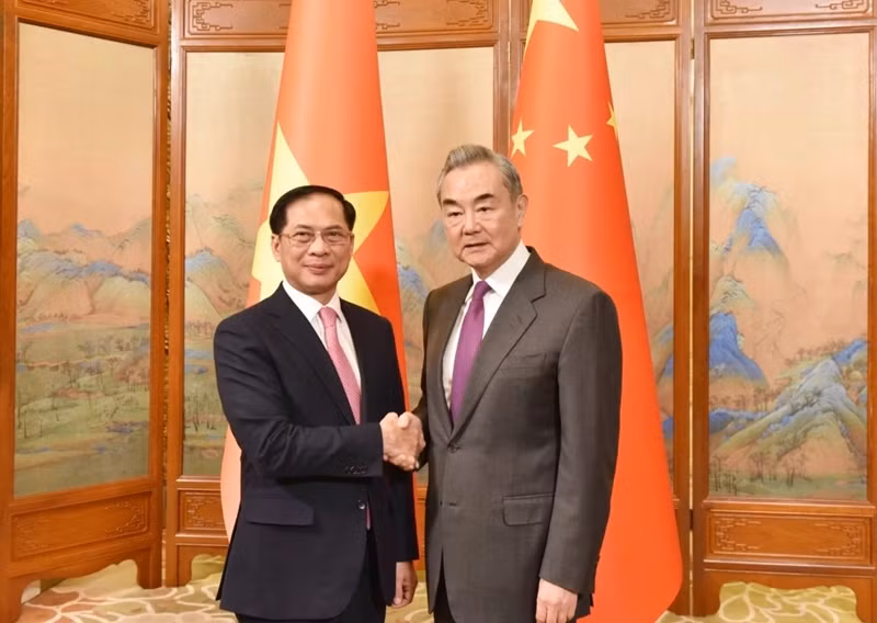 越南政府副总理、外交部长裴青山和中共中央政治局委员、中央外事工作委员会办公室主任、中国外交部部长王毅。（图片来源：dangcongsan.vn）