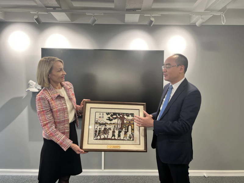 越南国家审计署副审计长裴国勇向瑞典国家审计署副审计长莫尔尼赠送纪念品。（图片来源：越通社）
