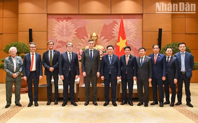 越南国会主席王廷惠、欧洲议会外交事务委员会主席大卫·麦卡利斯特和各位代表合影。