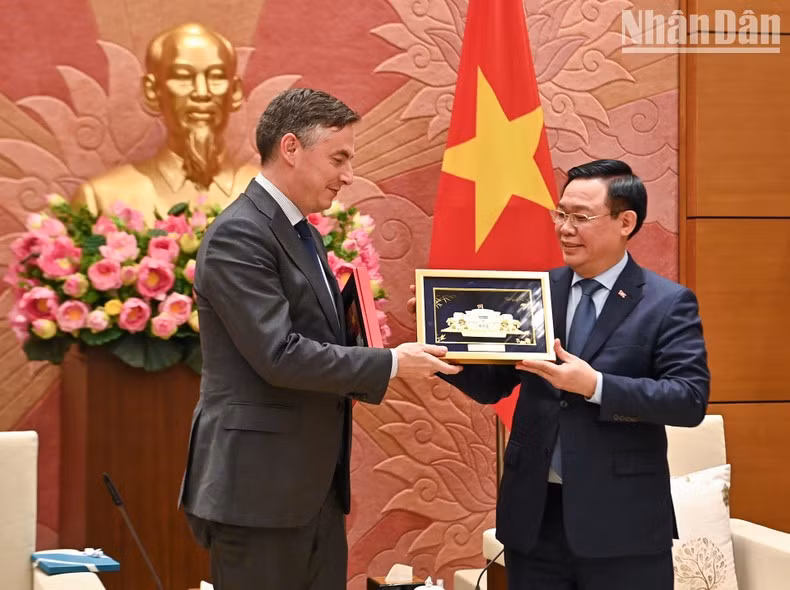 越南国会主席王廷惠向欧洲议会外交事务委员会主席大卫·麦卡利斯特赠送纪念品。