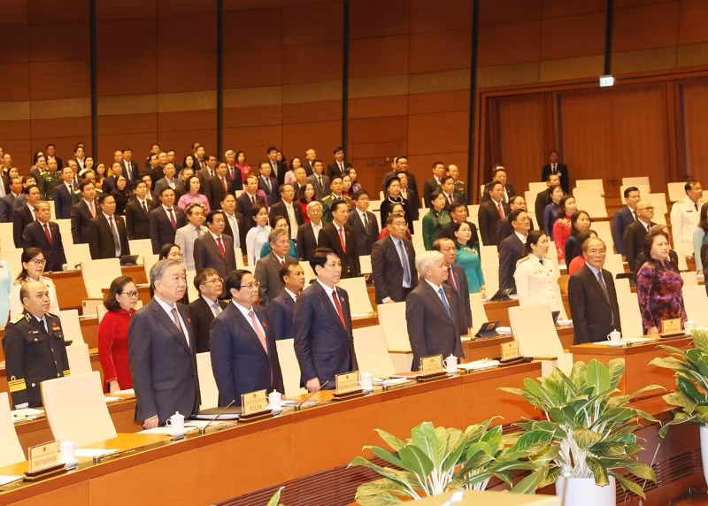 越共中央总书记、国家主席苏林，党和国家领导、前领导，与会代表在越南第十五届国会第八次会议开幕式上向国旗敬礼。（图片来源：越通社）