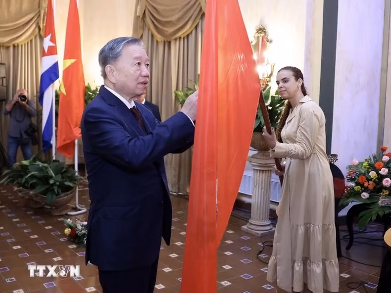 越共中央总书记、国家主席苏林向古巴共产主义青年联盟（UJC）授予友谊勋章。（图片来源：越通社）