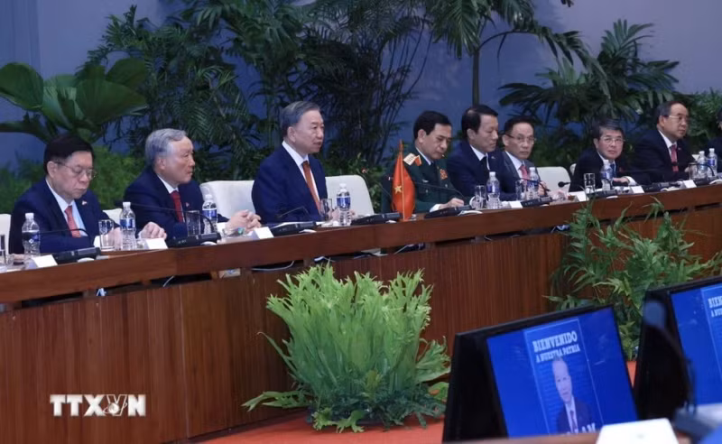 出席会谈的越共中央总书记、国家主席苏林与越南高级代表团。（图片来源：越通社）