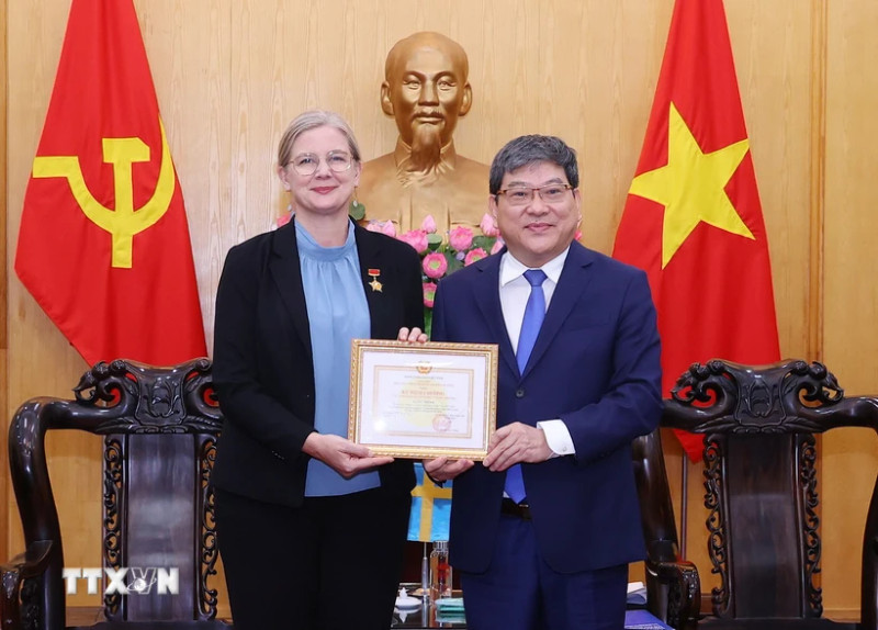 胡志明国家政治学院常务副院长阮维北副教授向瑞典驻越特命全权大使安·马威授予“致力于政治理论培训事业”纪念章。