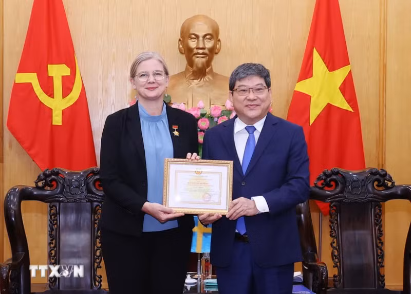 胡志明国家政治学院常务副院长阮维北副教授向瑞典驻越特命全权大使安·马威授予“致力于政治理论培训事业”纪念章。
