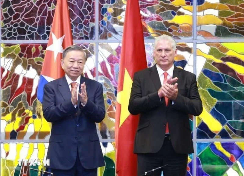越共中央总书记、国家主席苏林和古共中央第一书记、古巴国家主席米格尔·迪亚斯-卡内尔·贝穆德斯出席越古合作文件签字仪式。（图片来源：越通社）