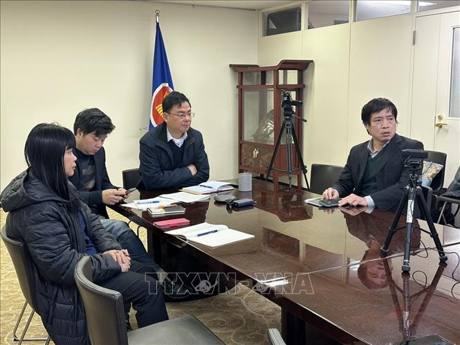 越南驻日本大使馆与旅居日本越南人协会和团体举行线上会议。（图片来源：越通社）
