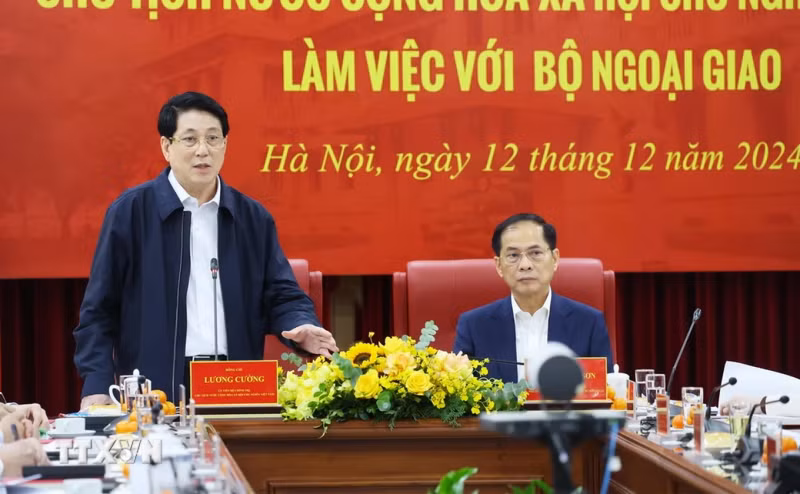 国家主席梁强发表讲话。（图片来源：越通社）