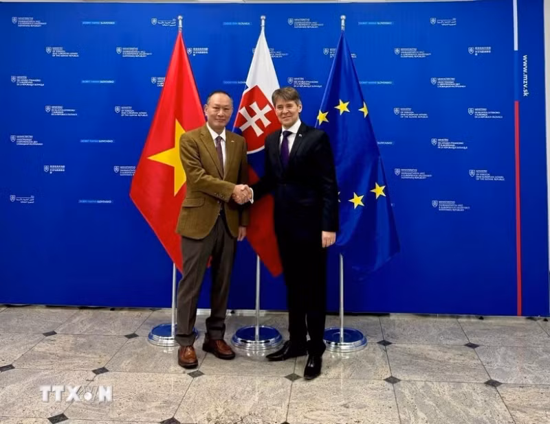 越南驻斯洛伐克大使范长江和斯洛伐克外交部第一国务秘书（第一副部长）马雷克·埃什托克。（图片来源：越通社）