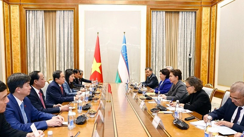 越南国会主席陈青敏同乌兹别克斯坦参议院主席坦齐拉·纳尔巴耶娃举行会谈。（图片来源：越通社）