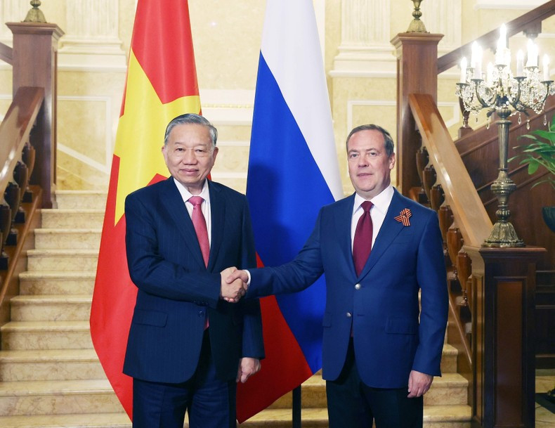 越共中央总书记苏林会见了俄罗斯统一俄罗斯党主席、俄罗斯联邦安全会议副主席德米特里·梅德韦杰夫。图片来源：越通社