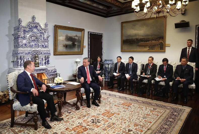 越共中央总书记苏林会见了俄罗斯统一俄罗斯党主席、俄罗斯联邦安全会议副主席德米特里·梅德韦杰夫。图片来源：越通社
