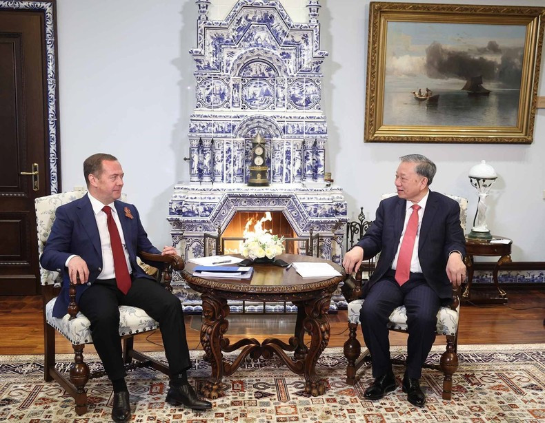 越共中央总书记苏林会见了俄罗斯统一俄罗斯党主席、俄罗斯联邦安全会议副主席德米特里·梅德韦杰夫。图片来源：越通社