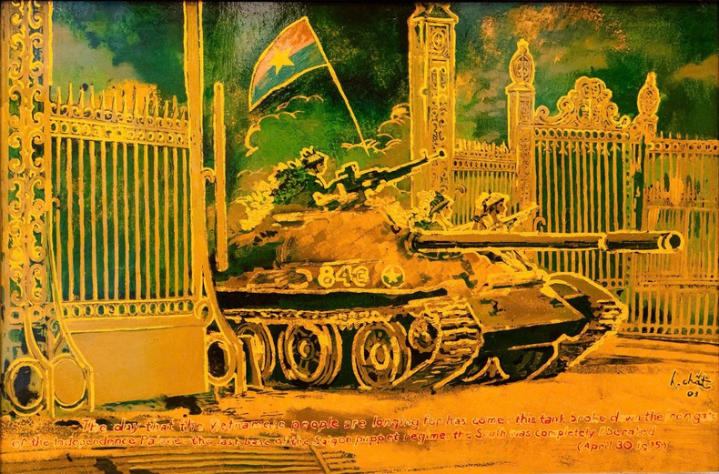 越南画家陈有质的《坦克冲撞独立宫大门》作品。 越南画家陈有质的《坦克冲撞独立宫大门》作品。