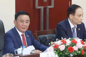 越共中央政治局委员、中央书记处常务书记陈锦秀在与老挝人民革命党中央政治局委员、中央书记处常务书记维莱·拉坎丰举行的会谈上发表讲话。（图片来源：越通社）