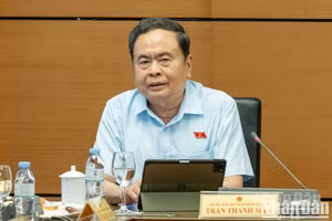 国会主席陈青敏在分组讨论中发表讲话。（水原 摄）