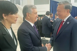 苏林总书记与乌兹别克斯坦总理沙夫卡特·米罗莫诺维奇·米尔济约耶夫亲切握手。（图片来源：越通社）